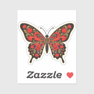 Russische volkskunst vlinder sticker - Zwart, Rood