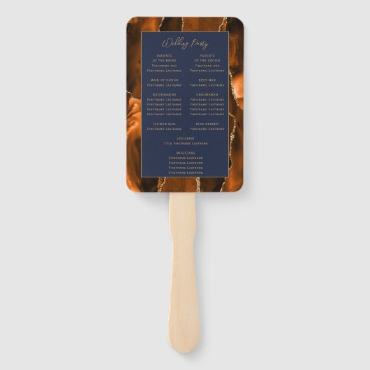 Rust Agaat Marine Blauw Goud Script Bruiloft Progr Handwaaier (Achterkant)