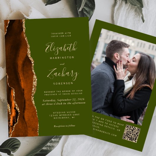 Rust Agate Olive Green Photo QR Code Wedding Kaart