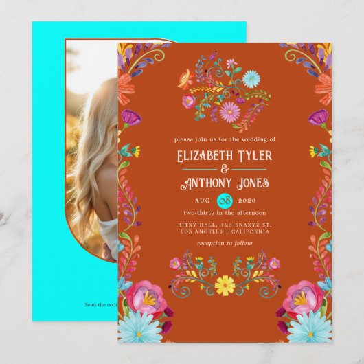 Rust & Aqua Floral Mexican Fiesta Wedding Kaart (Voorkant / Achterkant)