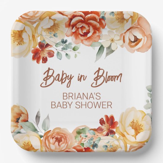 Rust Beige Bloemen Geslachtsneutraal Baby shower Papieren Bordje (Voorkant)