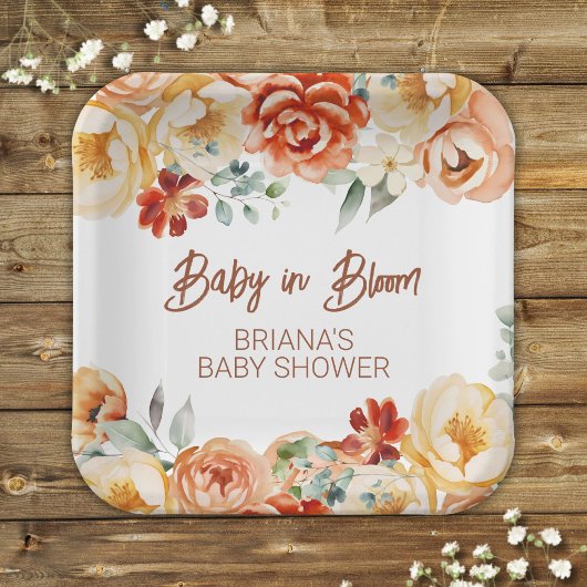 Rust Beige Bloemen Geslachtsneutraal Baby shower Papieren Bordje