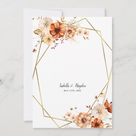 Rust Beige Bloemen Goud Lijst bruiloft Kaart (Achterkant)