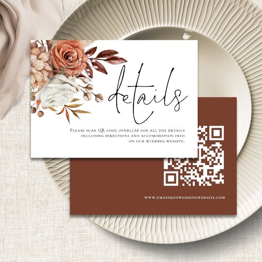 Rust Bloemen Script QR Code Trouwdetails Informatiekaartje