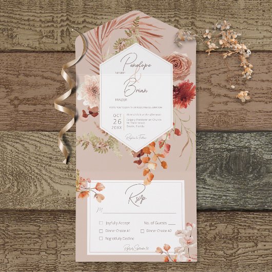 Rust Blush Herfst Boho Floral Lijst Blush Dinner All In One Uitnodiging