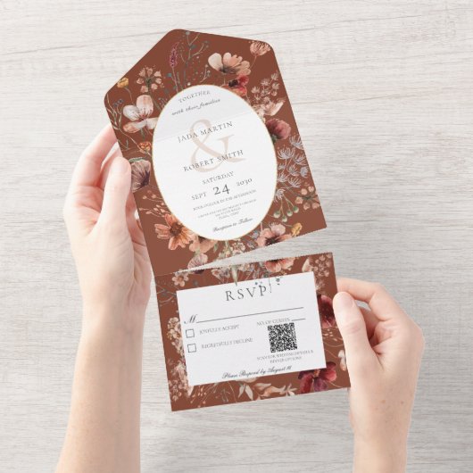 Rust & Blush Wilde Lijst QR-code All In One Uitnodiging (Afscheurbaar)