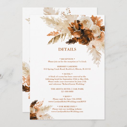 Rust Bohemen en Pampas Grass Wedding Details Kaart (Voorkant / Achterkant)