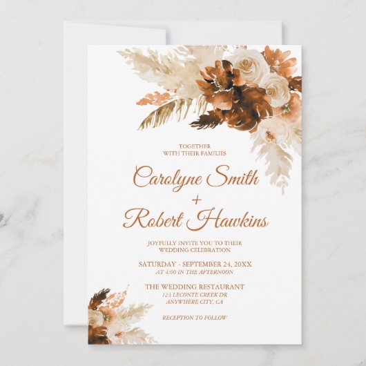 Rust Bohemian en Pampas Grass Wedding Invitation Kaart (Voorkant)