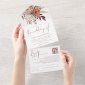 Rust Boho Bloemen Bruin Schrijven QR All In One Uitnodiging (Afscheurbaar)