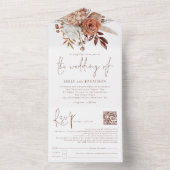 Rust Boho Bloemen Bruin Schrijven QR All In One Uitnodiging (Binnen)