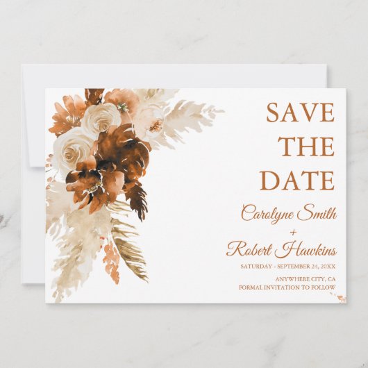 Rust Boho en Pampas Grass Stylish Save The Date (Voorkant)