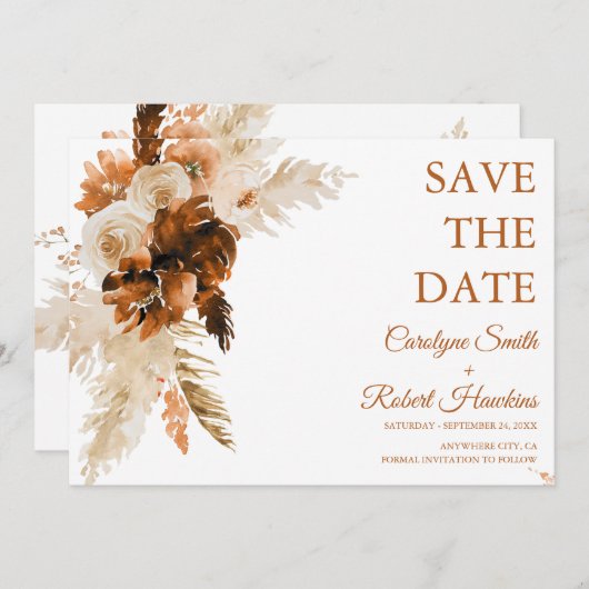 Rust Boho en Pampas Grass Stylish Save The Date (Voorkant / Achterkant)