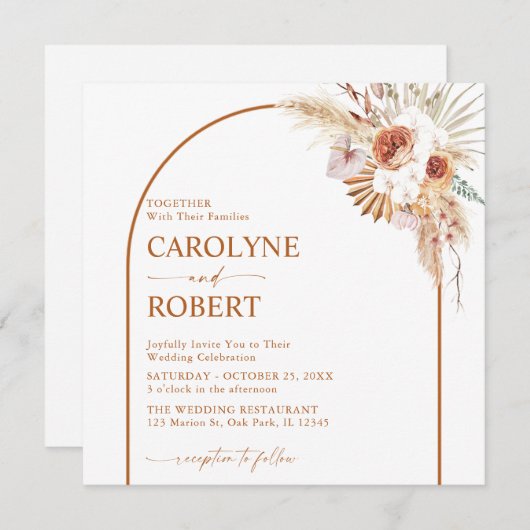 Rust Boho en Pampas Grass Terracotta Square Wedden Kaart (Voorkant / Achterkant)