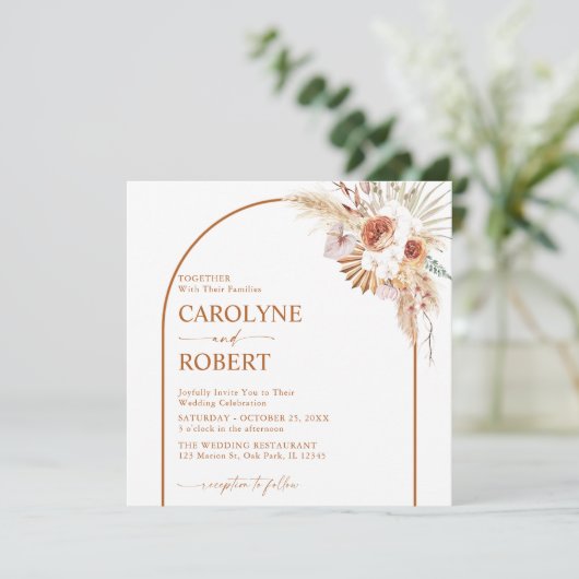 Rust Boho en Pampas Grass Terracotta Square Wedden Kaart (Staand voorkant)