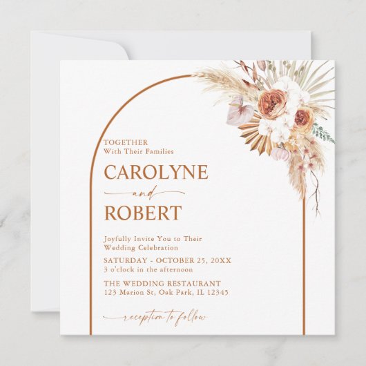 Rust Boho en Pampas Grass Terracotta Square Wedden Kaart (Voorkant)