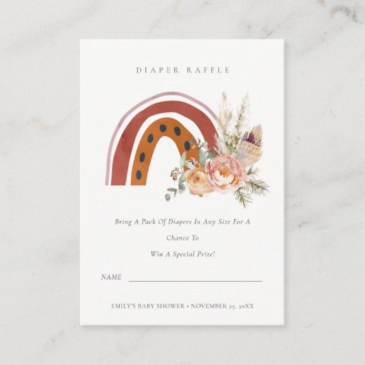 Rust Boho Floral Rainbow Diaper Raffle Baby shower Informatiekaartje (Voorkant)