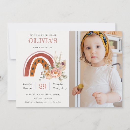 Rust Boho Floral Rainbow Foto Birthday Invite Bedankkaart (Voorkant)