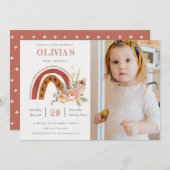Rust Boho Floral Rainbow Foto Birthday Invite Bedankkaart (Voorkant / Achterkant)