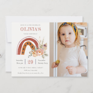 Rust Boho Floral Rainbow Foto Birthday Invite Bedankkaart