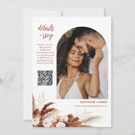 Rust Boho Pampas Grass Arch Foto QR Code Weddensch Kaart (Achterkant)