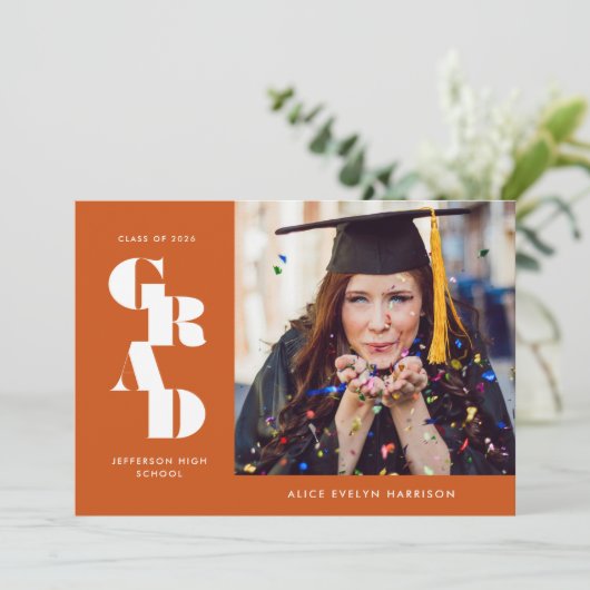 Rust Bold Serif Single Photo Afstuderen Aankondiging (Staand voorkant)