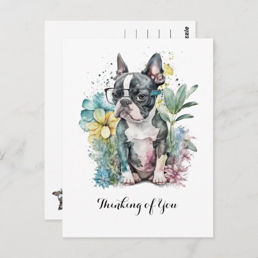 Rust "Boston" gezicht Boston puppy glazen bloemig Briefkaart (Voorkant / Achterkant)