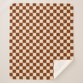 Rust brown and beige checkerboard pattern sherpa deken