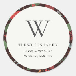 Rust Brown Berry Kerstmis Flora Monogram Adres Ronde Sticker
