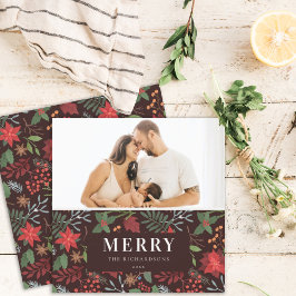 Rust Brown Merriest Kerstmis Floral Pattern Feestdagenkaart