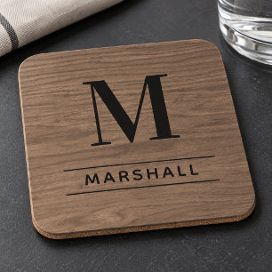 Rust Bruin Hout Serif Monogram Naam Bier Onderzetter
