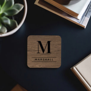 Rust Bruin Hout Serif Monogram Naam Bier Onderzetter