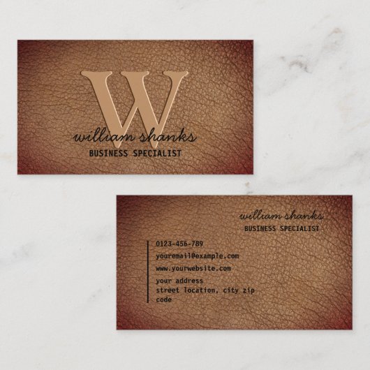 Rust bruin leer gouden monogram script stijlvol visitekaartje (Voorkant / Achterkant)