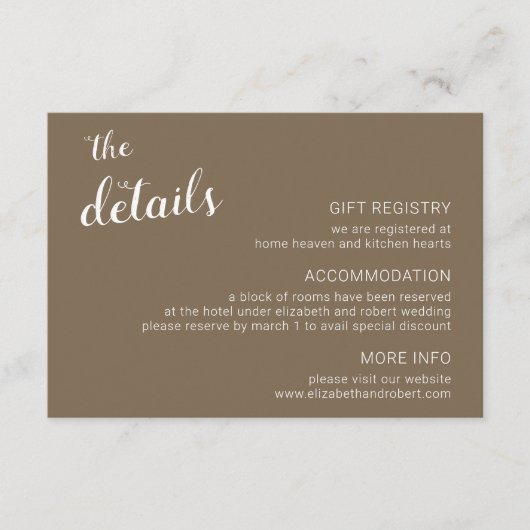 Rust Bruin Minimalistisch Script Calligrafie Bruil Informatiekaartje (Voorkant)