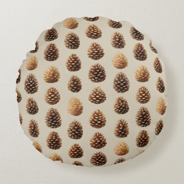 Rust Bruine Dennenappel Winterpatroon Rond Kussen (Voorkant)