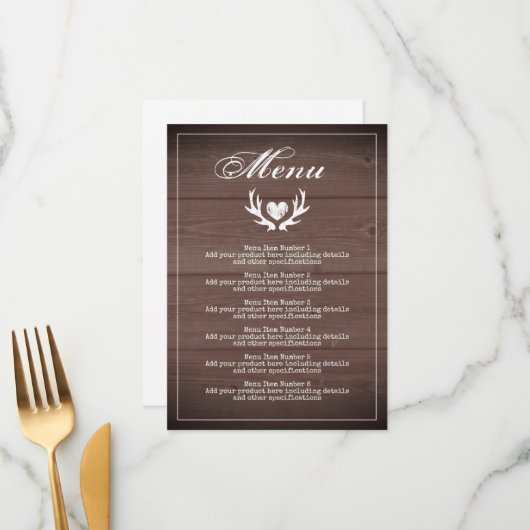 Rust bruine houten bruiloftsreceptie diner menu (Voorkant / Achterkant in situ)