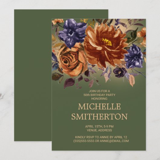 Rust Burnt Oranje Blue Floral Green 50th Birthday Kaart (Voorkant / Achterkant)