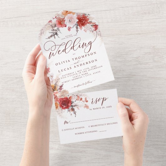 Rust Burnt Oranje Terracotta BOHO Wedding RSVP All In One Uitnodiging (Afscheurbaar)