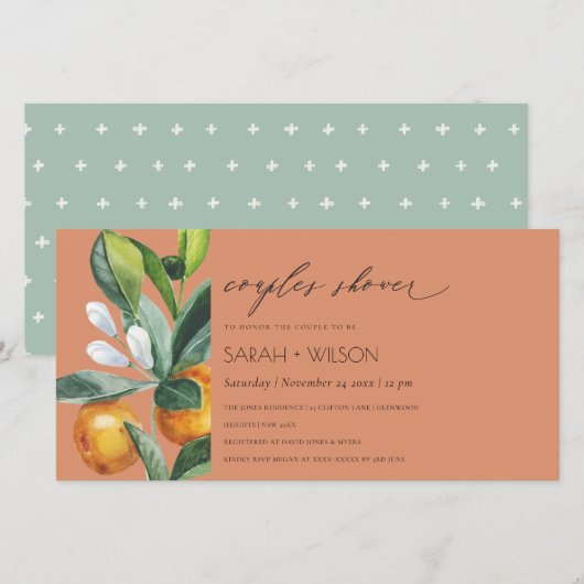 Rust Citrus Oranje Botanische Couples Shower Invit Bedankkaart (Voorkant / Achterkant)