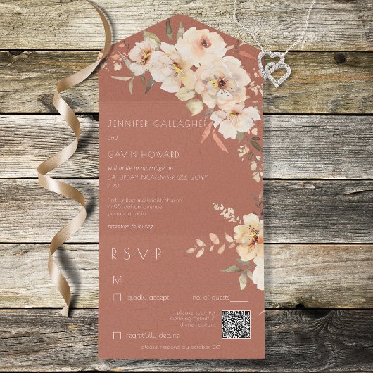 Rust Cream Floral QR Code All In One Uitnodiging