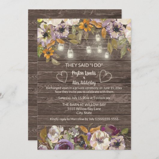 Rust Cream Floral Wood String Lights Elopement Kaart (Voorkant / Achterkant)