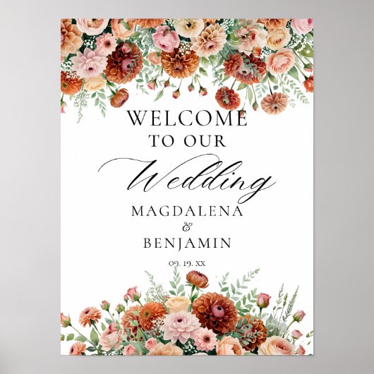 Rust Dahlia Flowers Sage Herfst Kalligrafie Welkom Poster (Voorkant)