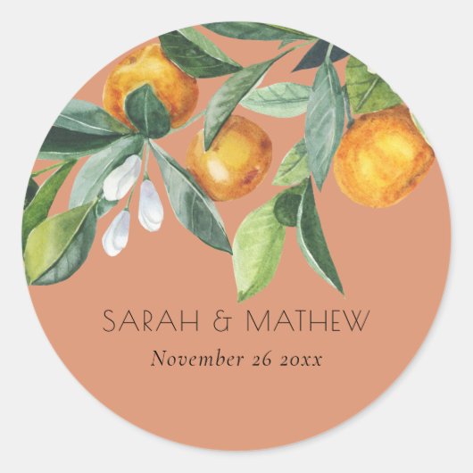 Rust Elegant Citrus Oranje Botanical Boho Wedding Ronde Sticker (Voorkant)