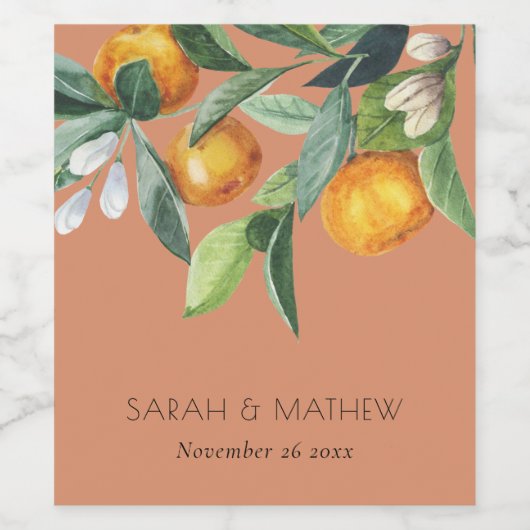Rust Elegant Citrus Oranje Botanical Boho Wedding Wijn Etiket (Enkel label)