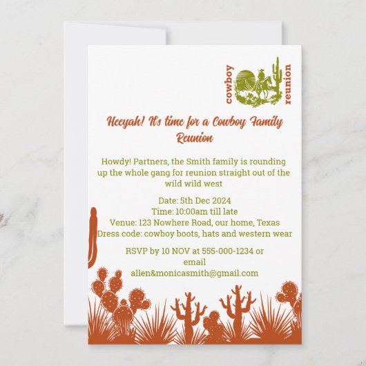 Rust en olijfgroene cowboy cactus boom reünie kaart (Voorkant)