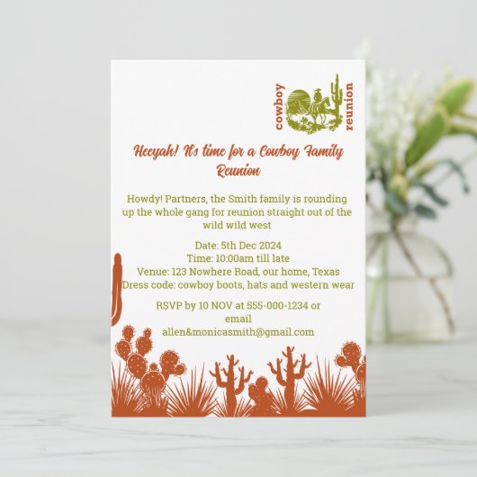 Rust en olijfgroene cowboy cactus boom reünie kaart (Staand voorkant)