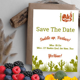 Rust en olijfgroene cowboy cactus boom reünie save the date