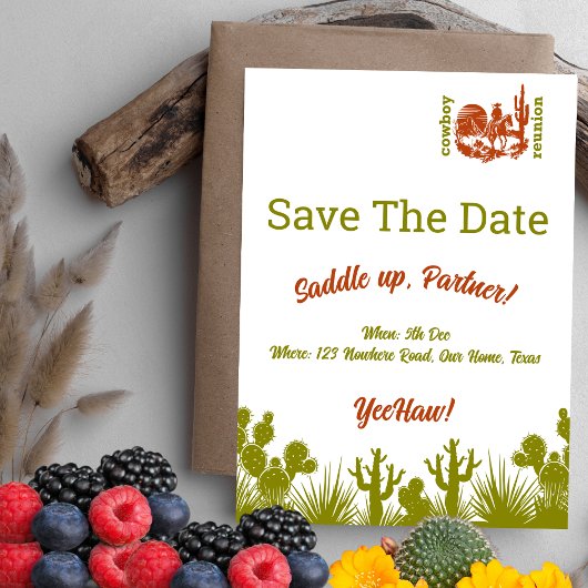 Rust en olijfgroene cowboy cactus boom reünie save the date