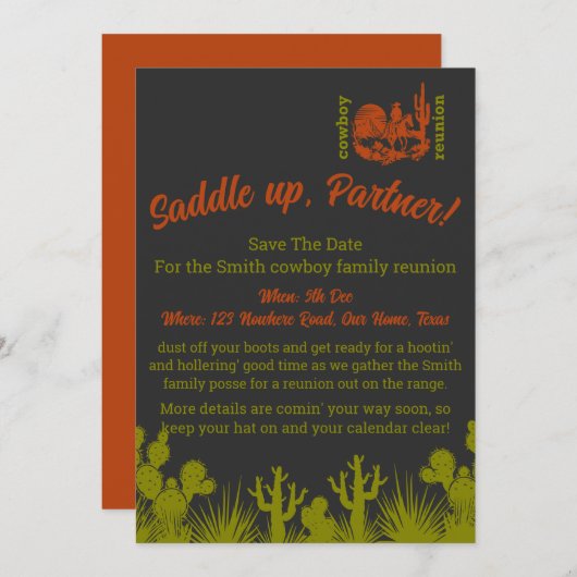 Rust en olijfgroene cowboy cactus boom reünie save the date (Voorkant / Achterkant)