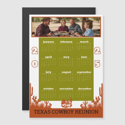 Rust en olijfgroene cowboy cactus boomkalender magnetische uitnodiging (Voorkant / Achterkant)