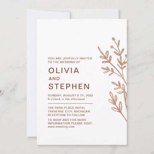 Rust en wit. Eenvoudig blad. Moderne bruiloft Kaart (Voorkant)